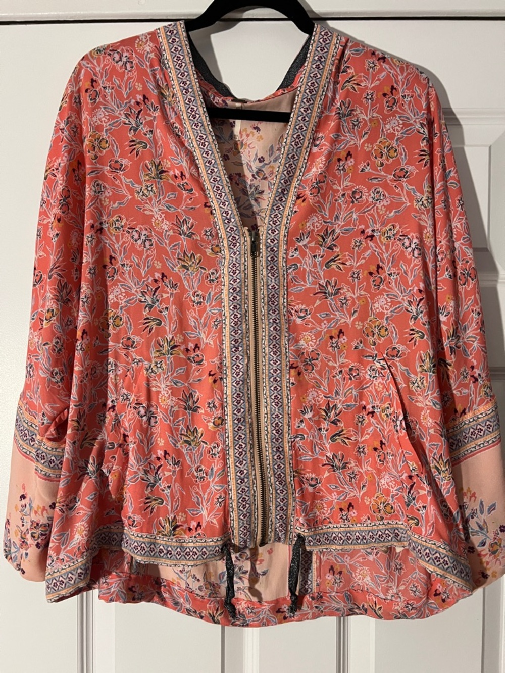 Free People Boho Coral Floral Border-Trim Tunic Top